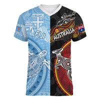 personalised-fiji-and-australia-women-v-neck-t-shirt-masi-patterns-mix-aboriginal-art