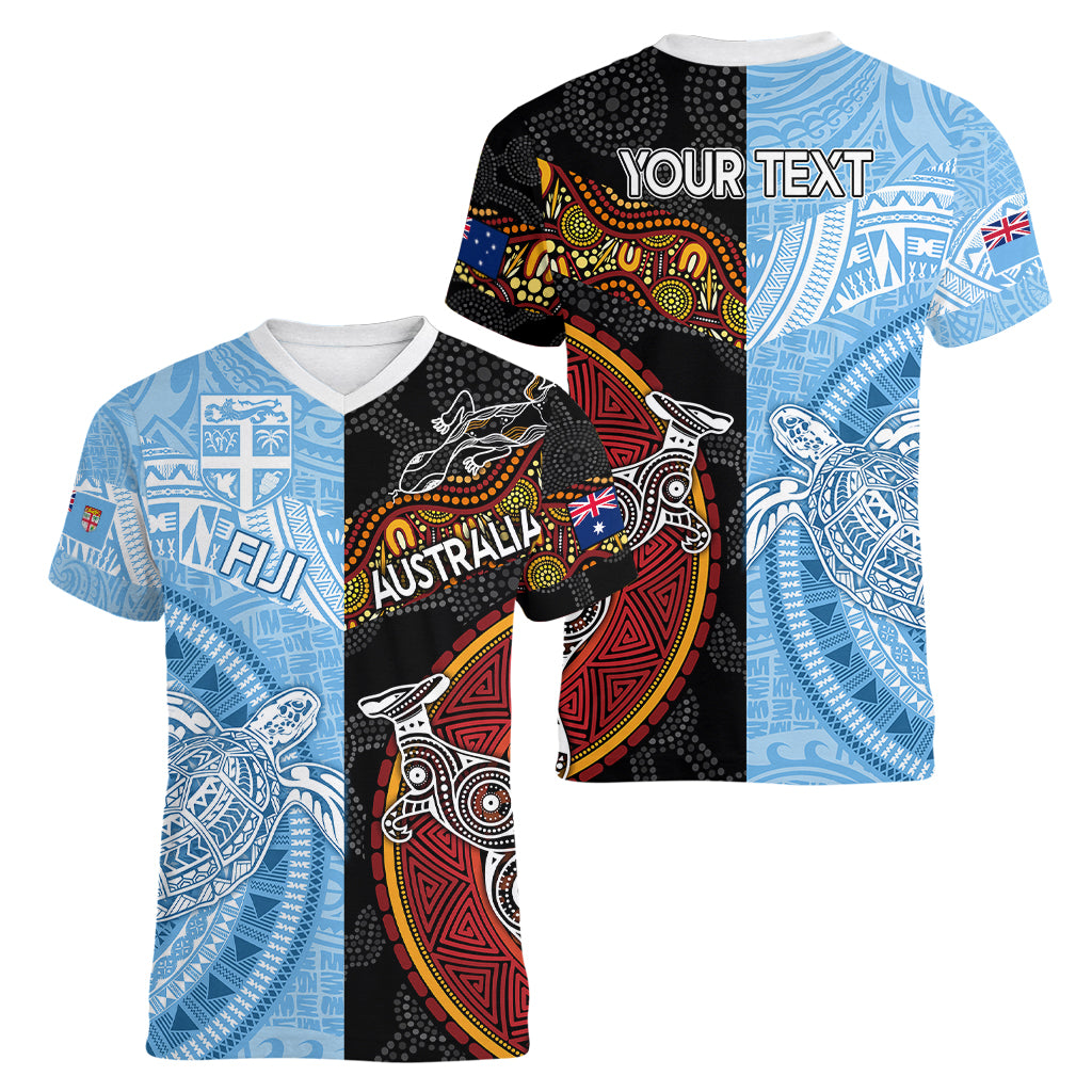 personalised-fiji-and-australia-women-v-neck-t-shirt-masi-patterns-mix-aboriginal-art