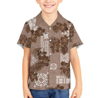 Vintage Hawaii Family Matching Off Shoulder Long Sleeve Dress and Hawaiian Shirt Hibiscus Mix Hawaiian Quilt Patches - Brown LT7 Son's Shirt Brown - Polynesian Pride