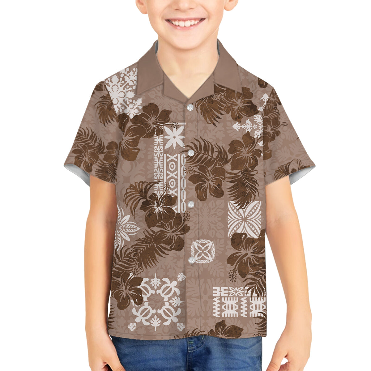 Vintage Hawaii Family Matching Off Shoulder Maxi Dress and Hawaiian Shirt Hibiscus Mix Hawaiian Quilt Patches - Brown LT7 Son's Shirt Brown - Polynesian Pride