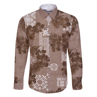 Vintage Hawaii Family Matching Off Shoulder Short Dress and Hawaiian Shirt Hibiscus Mix Hawaiian Quilt Patches - Brown LT7 Dad's Shirt - Long Sleeve Brown - Polynesian Pride
