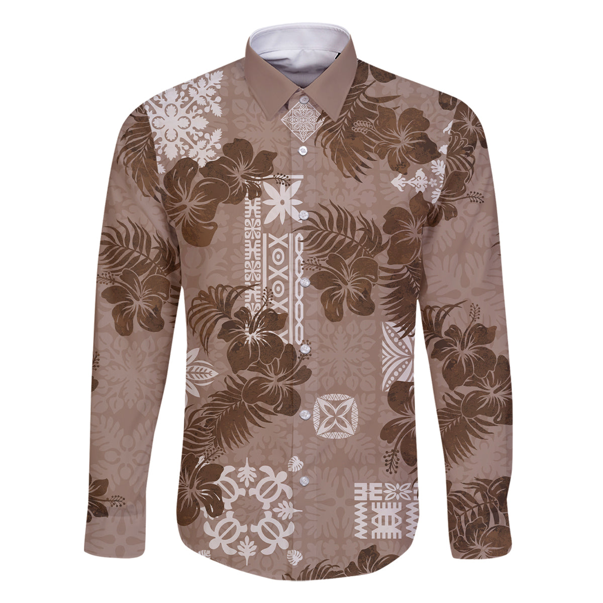 Vintage Hawaii Family Matching Summer Maxi Dress and Hawaiian Shirt Hibiscus Mix Hawaiian Quilt Patches - Brown LT7 Dad's Shirt - Long Sleeve Brown - Polynesian Pride