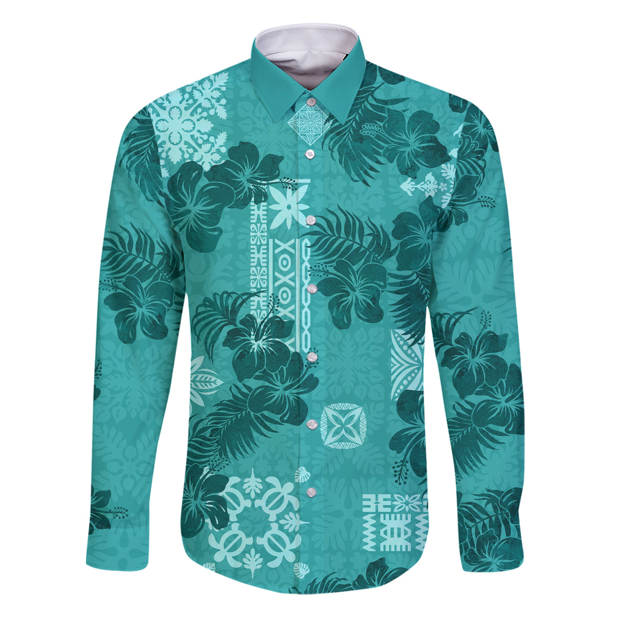 Vintage Hawaii Family Matching Off Shoulder Maxi Dress and Hawaiian Shirt Hibiscus Mix Hawaiian Quilt Patches - Teal LT7 Dad's Shirt - Long Sleeve Teal - Polynesian Pride