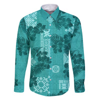 Vintage Hawaii Family Matching Summer Maxi Dress and Hawaiian Shirt Hibiscus Mix Hawaiian Quilt Patches - Teal LT7 Dad's Shirt - Long Sleeve Teal - Polynesian Pride