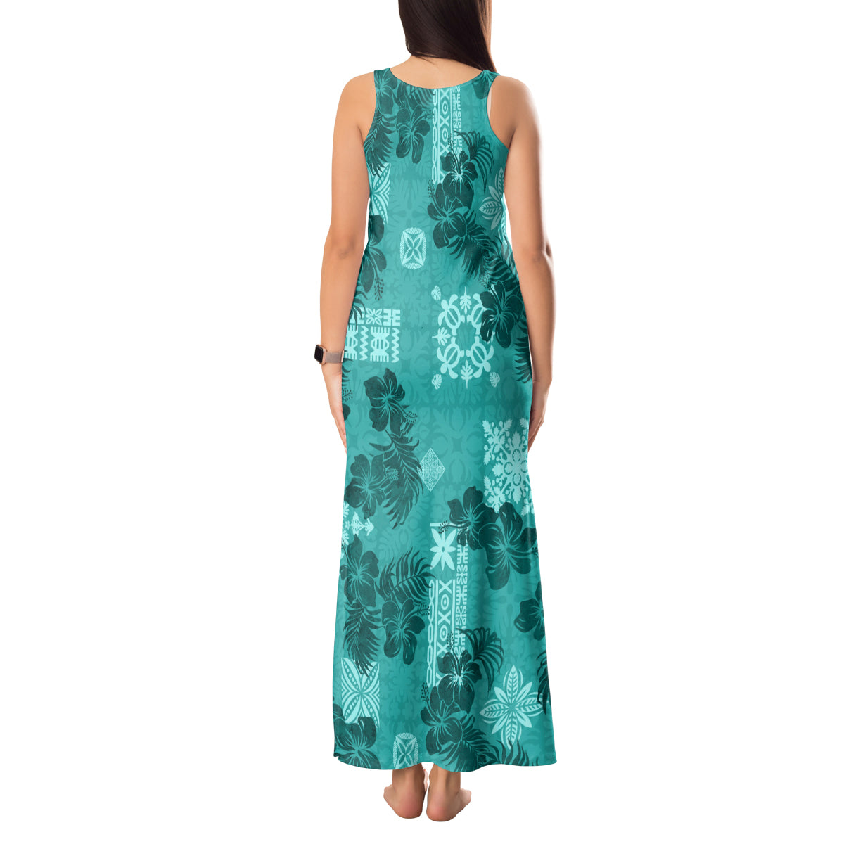 Vintage Hawaii Tank Maxi Dress Hibiscus Mix Hawaiian Quilt Patches - Teal LT7 - Polynesian Pride