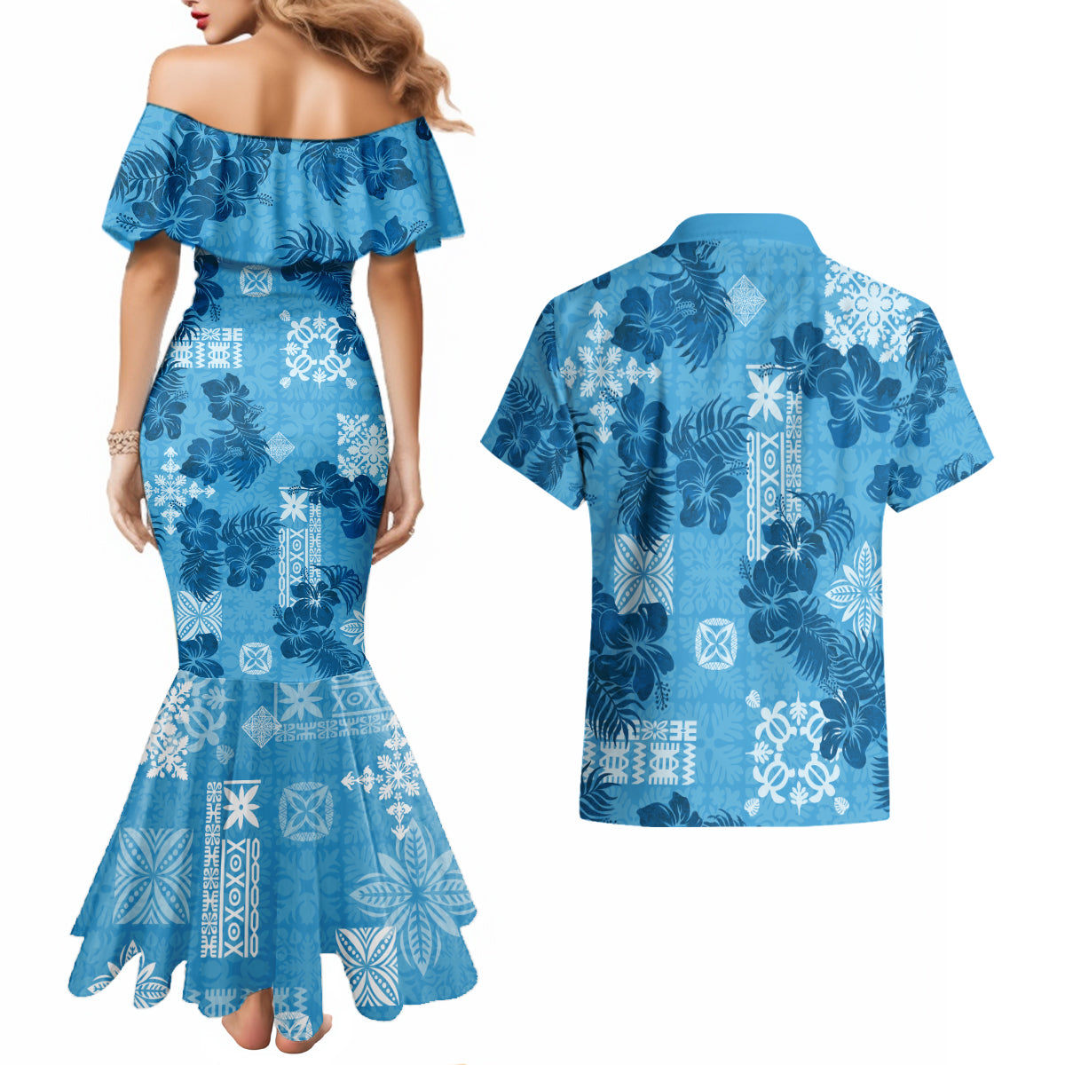 Hawaii Tapa Couples Matching Mermaid Dress and Hawaiian Shirt Hibiscus Mix Hawaiian Quilt Patches - Blue LT7 - Polynesian Pride