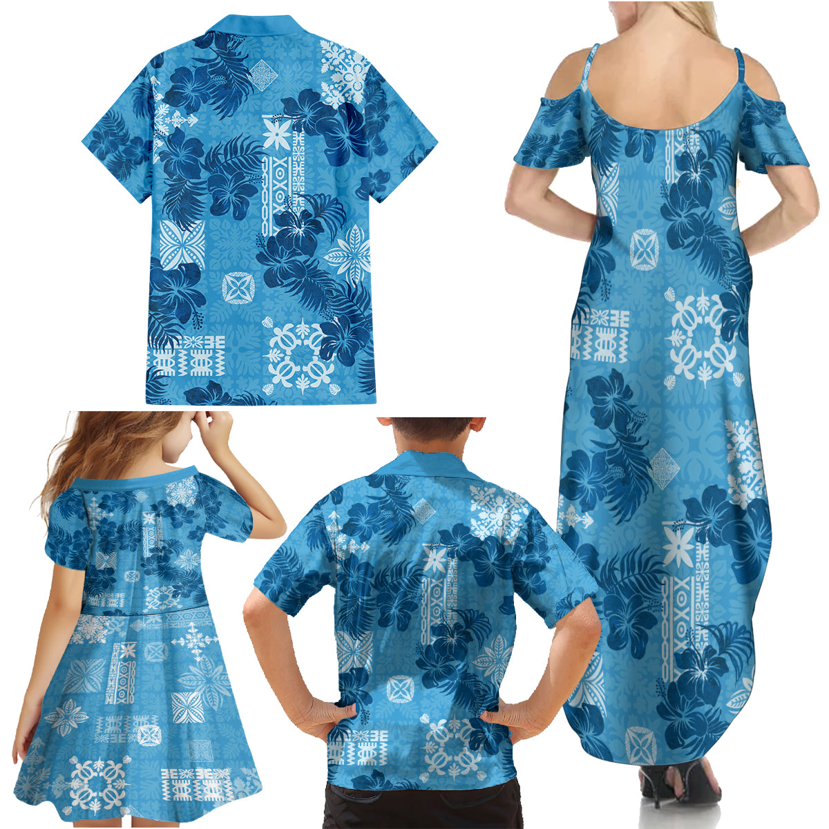 Hawaii Tapa Family Matching Summer Maxi Dress and Hawaiian Shirt Hibiscus Mix Hawaiian Quilt Patches - Blue LT7 - Polynesian Pride