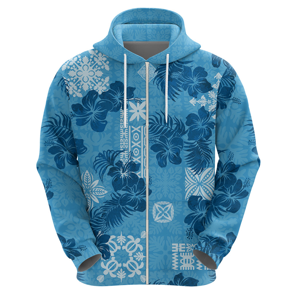 Hawaii Tapa Hoodie Hibiscus Mix Hawaiian Quilt Patches - Blue LT7 - Polynesian Pride