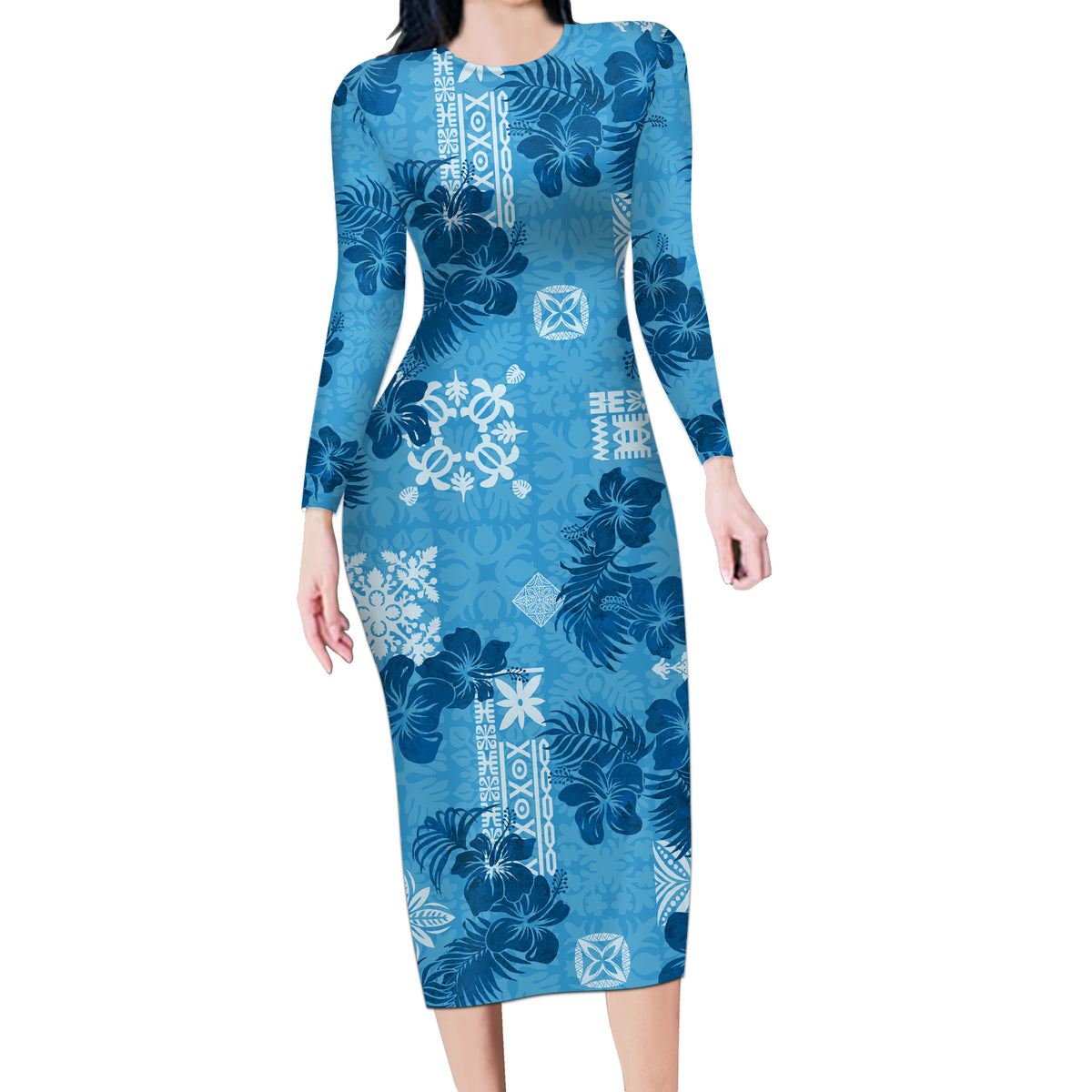 Hawaii Tapa Long Sleeve Bodycon Dress Hibiscus Mix Hawaiian Quilt Patches - Blue LT7 Long Dress Blue - Polynesian Pride