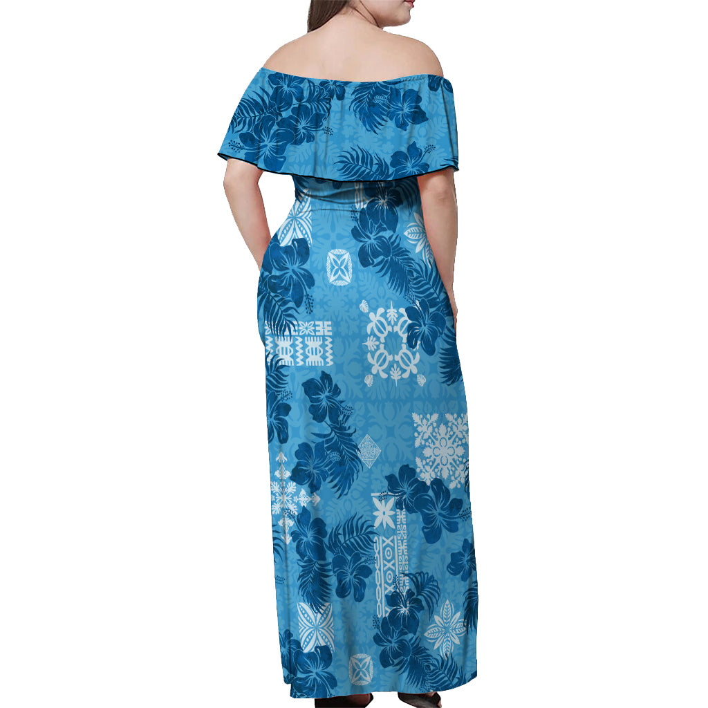 Hawaii Tapa Off Shoulder Maxi Dress Hibiscus Mix Hawaiian Quilt Patches - Blue LT7 - Polynesian Pride