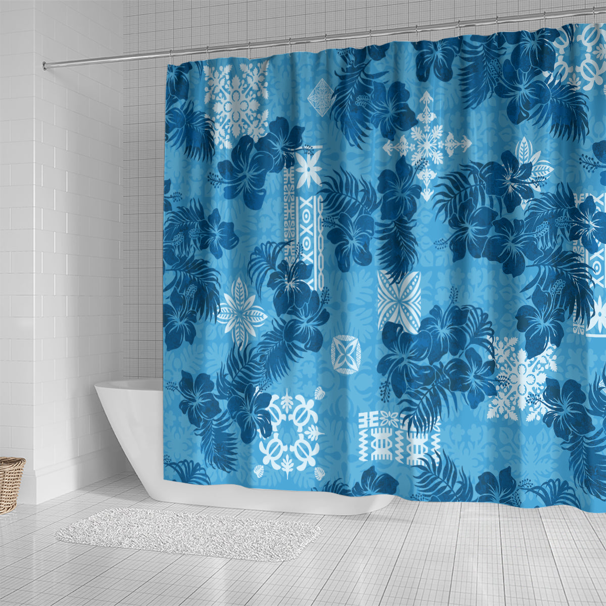 Hawaii Tapa Shower Curtain Hibiscus Mix Hawaiian Quilt Patches - Blue LT7 - Polynesian Pride