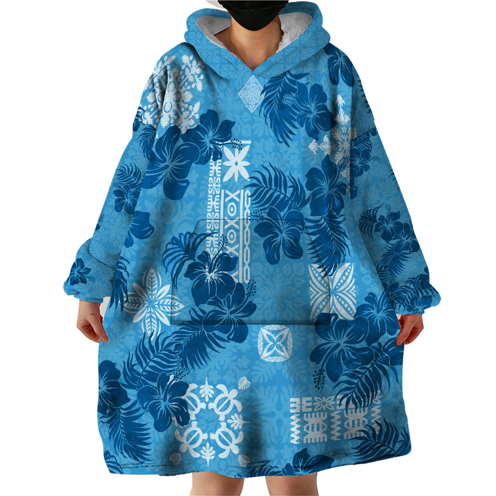 Hawaii Tapa Wearable Blanket Hoodie Hibiscus Mix Hawaiian Quilt Patches - Blue LT7 - Polynesian Pride