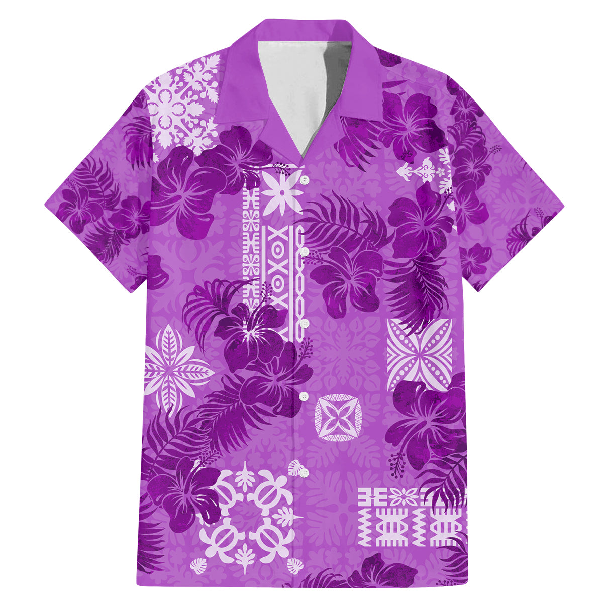 Hawaii Tapa Family Matching Mermaid Dress and Hawaiian Shirt Hibiscus Mix Hawaiian Quilt Patches - Violet LT7 Dad's Shirt - Short Sleeve Violet - Polynesian Pride