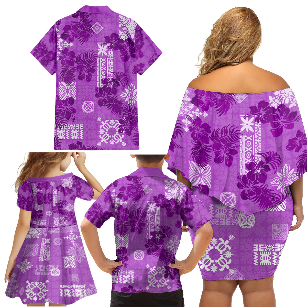 Hawaii Tapa Family Matching Off Shoulder Short Dress and Hawaiian Shirt Hibiscus Mix Hawaiian Quilt Patches - Violet LT7 - Polynesian Pride