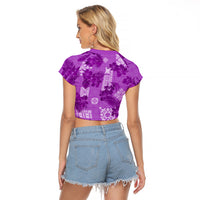 Hawaii Tapa Raglan Cropped T Shirt Hibiscus Mix Hawaiian Quilt Patches - Violet LT7 - Polynesian Pride
