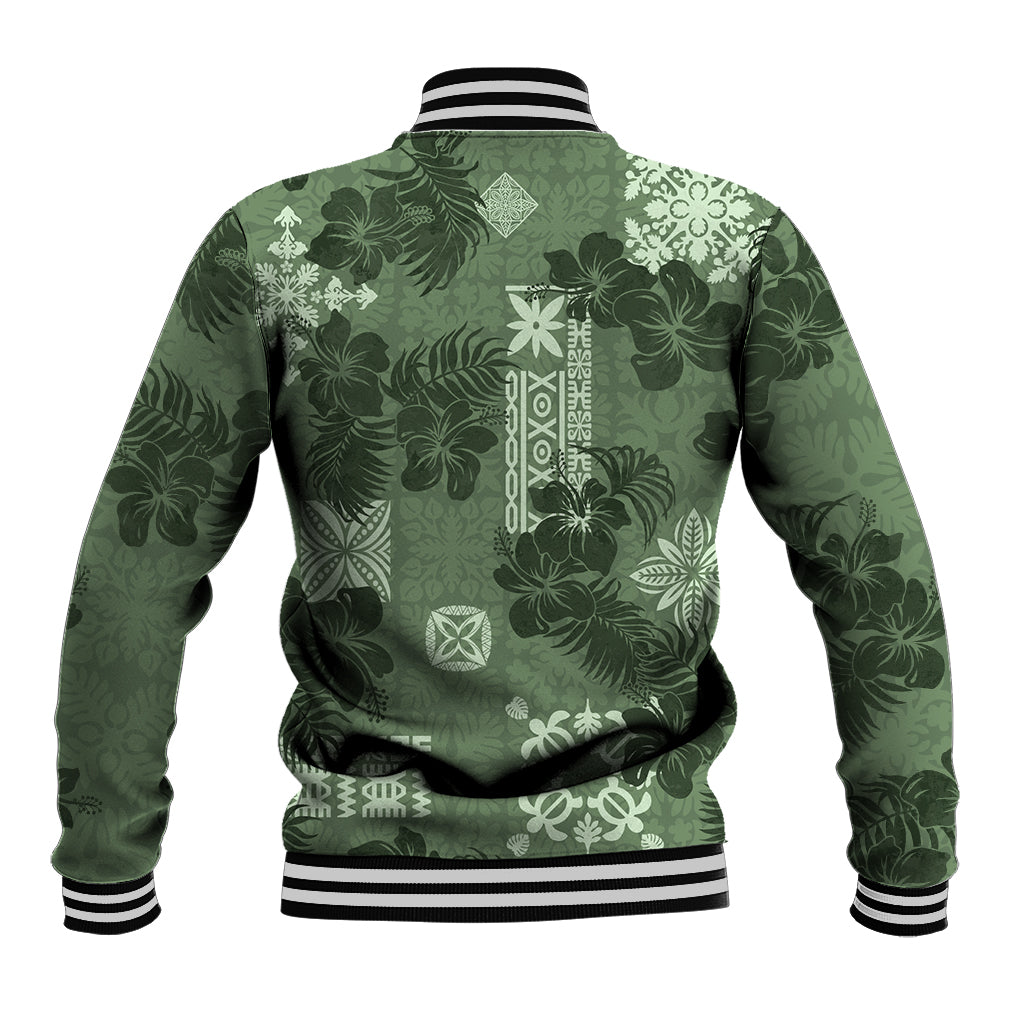 Hawaii Tapa Baseball Jacket Hibiscus Mix Hawaiian Quilt Patches - Sage Green LT7 - Polynesian Pride