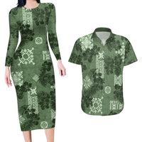 Hawaii Tapa Couples Matching Long Sleeve Bodycon Dress and Hawaiian Shirt Hibiscus Mix Hawaiian Quilt Patches - Sage Green LT7 Sage Green - Polynesian Pride