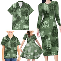 Hawaii Tapa Family Matching Long Sleeve Bodycon Dress and Hawaiian Shirt Hibiscus Mix Hawaiian Quilt Patches - Sage Green LT7 - Polynesian Pride