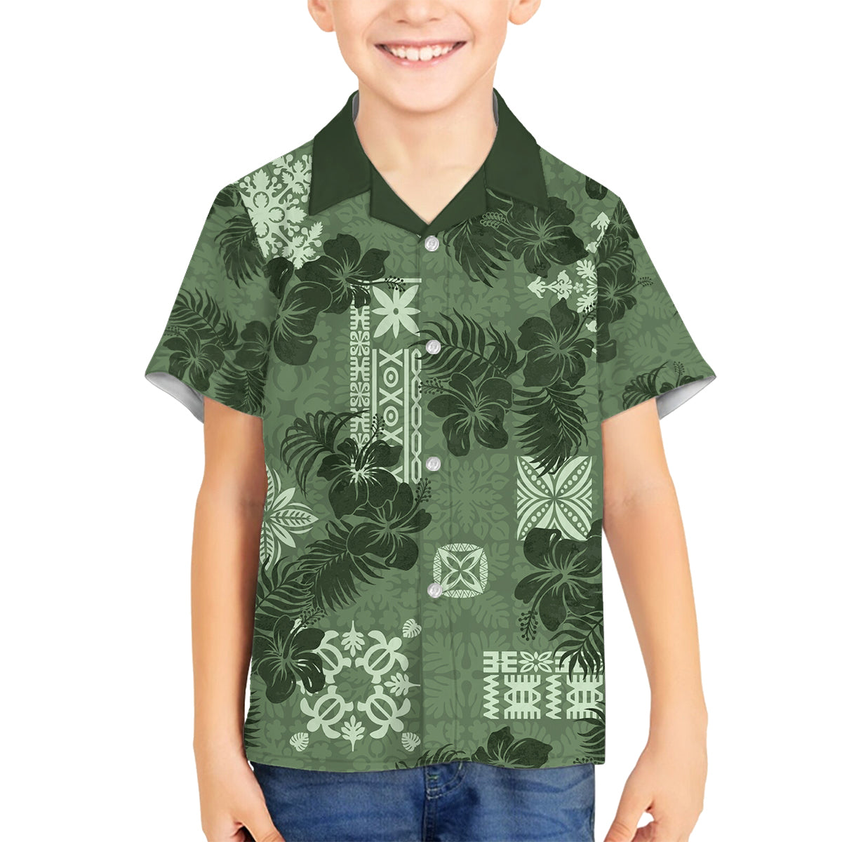 Hawaii Tapa Family Matching Tank Maxi Dress and Hawaiian Shirt Hibiscus Mix Hawaiian Quilt Patches - Sage Green LT7 Son's Shirt Sage Green - Polynesian Pride