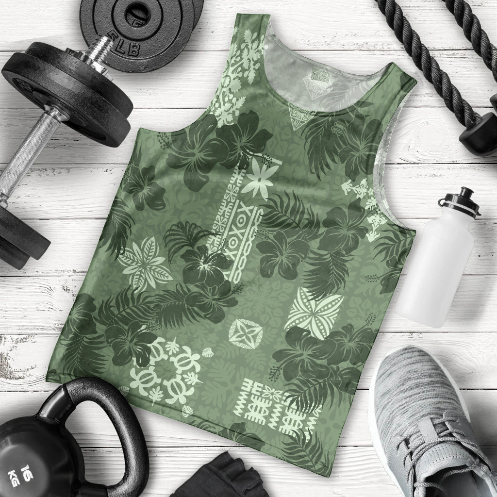 Hawaii Tapa Men Tank Top Hibiscus Mix Hawaiian Quilt Patches - Sage Green LT7 - Polynesian Pride