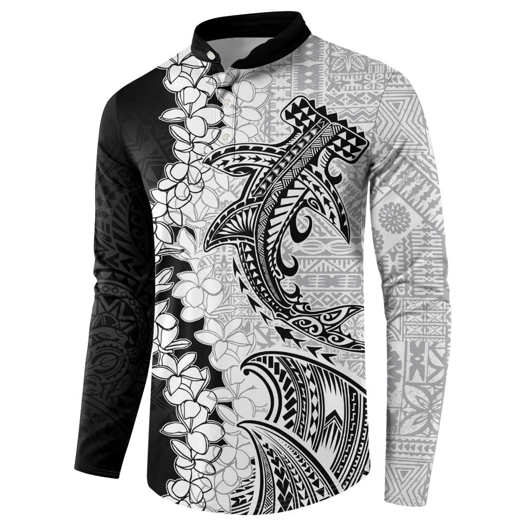 Polynesian Plumeria Lei Button Sweatshirt with Hammerhead Shark