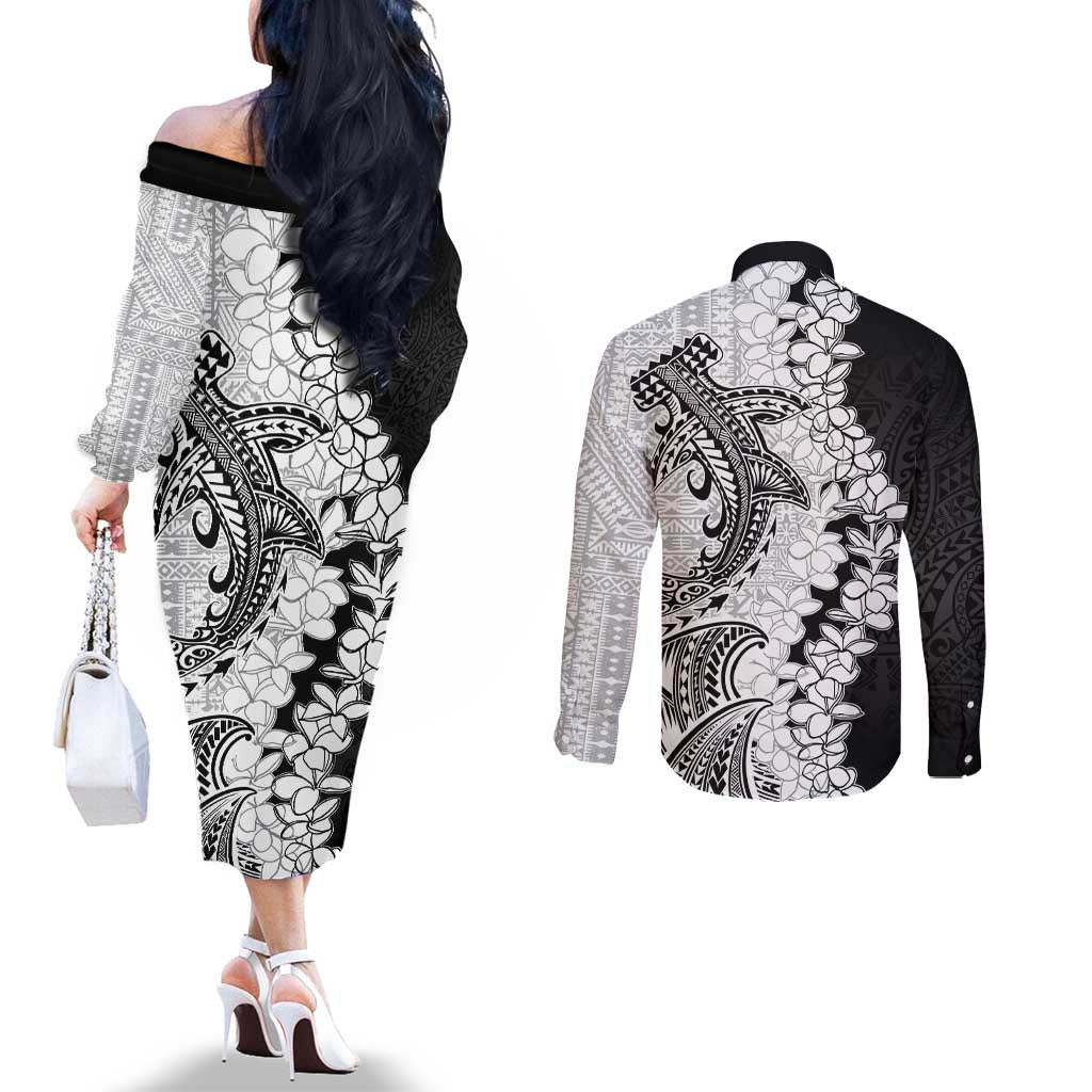 Polynesian Plumeria Lei Couples Matching Off The Shoulder Long Sleeve Dress and Long Sleeve Button Shirt with Hammerhead Shark