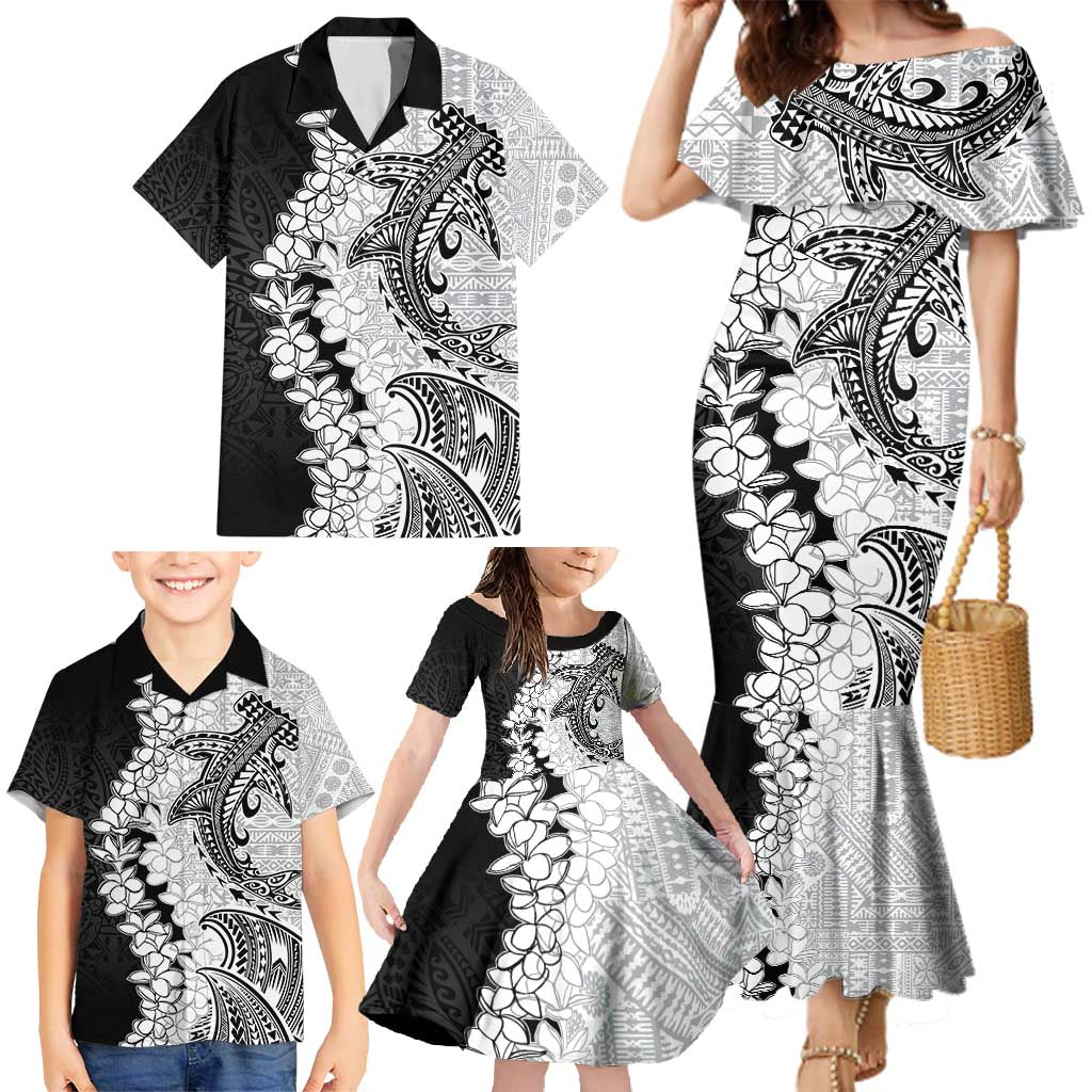 Polynesian Plumeria Lei Family Matching Mermaid Dress and Hawaiian Shirt with Hammerhead Shark