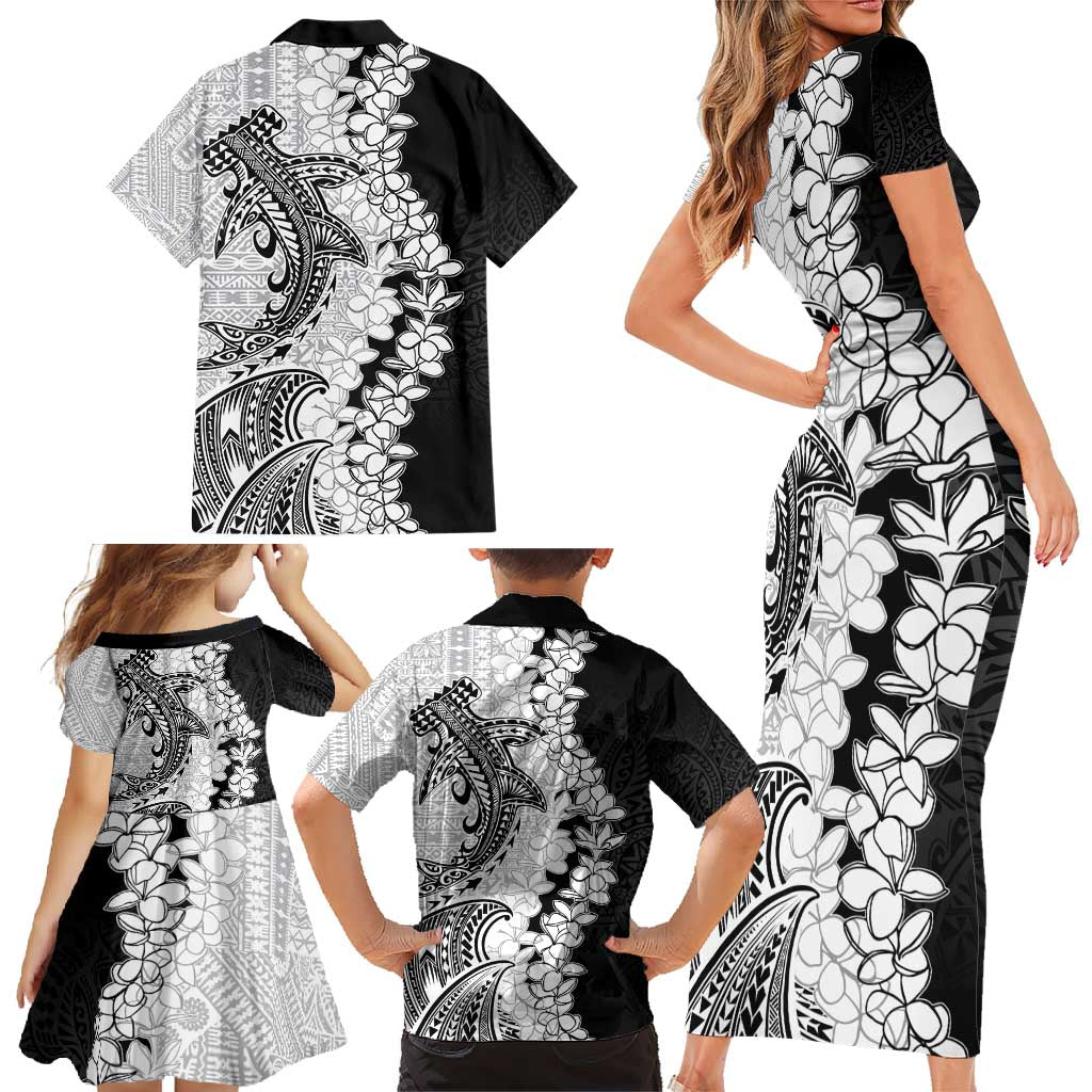 Polynesian Plumeria Lei Family Matching Short Sleeve Bodycon Dress and Hawaiian Shirt with Hammerhead Shark