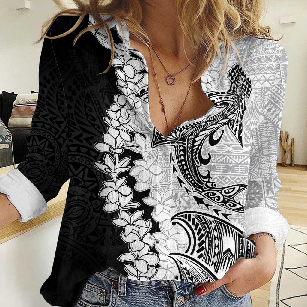 Polynesian Plumeria Lei Women Casual Shirt with Hammerhead Shark