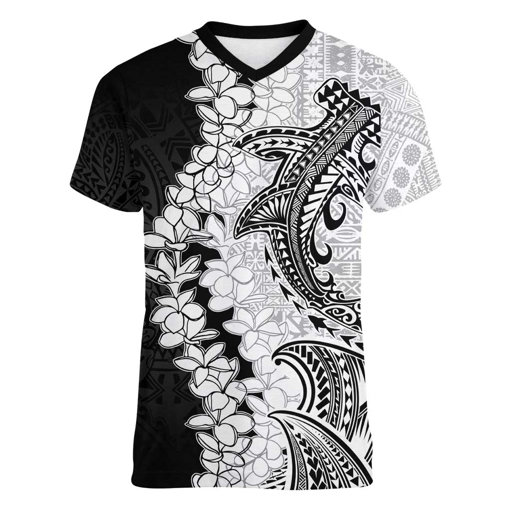 Polynesian Plumeria Lei Women V-Neck T-Shirt with Hammerhead Shark LT7 Female Black - Polynesian Pride