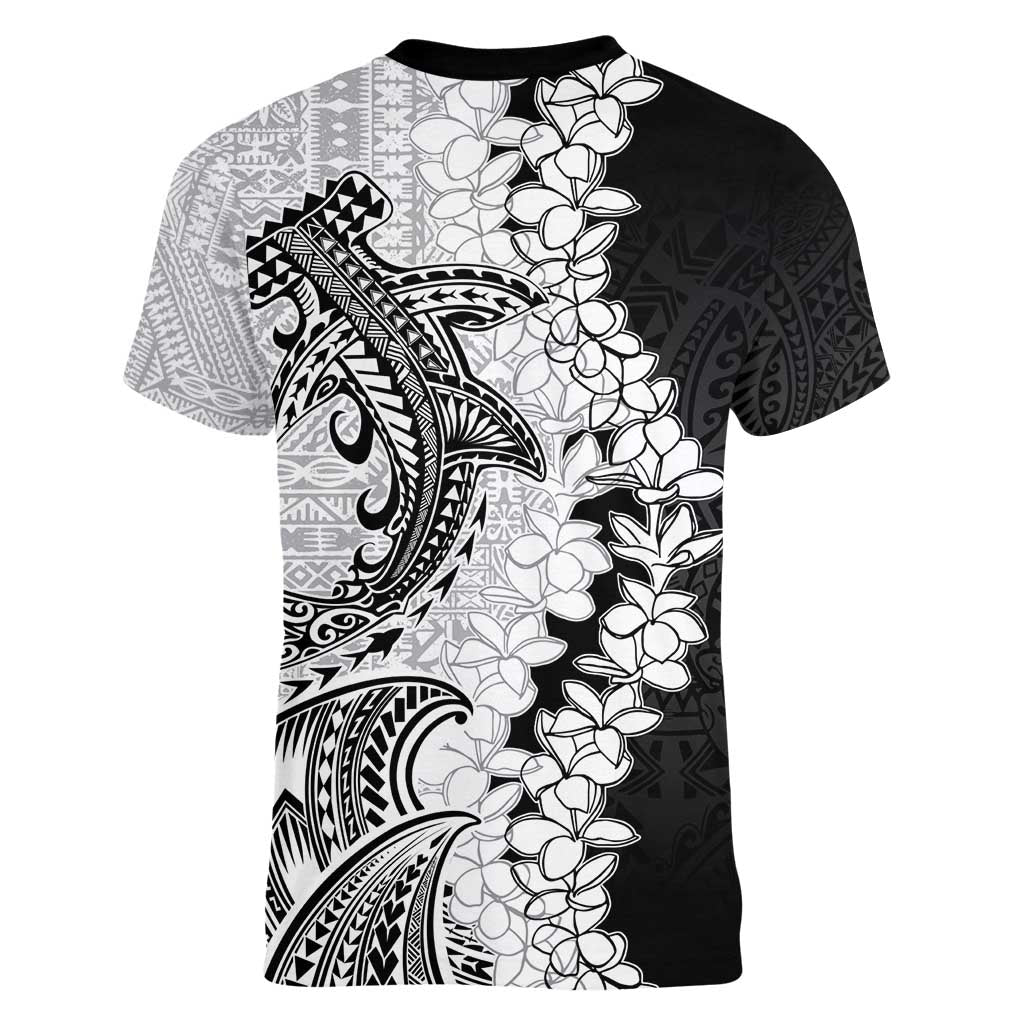 Polynesian Plumeria Lei Women V-Neck T-Shirt with Hammerhead Shark LT7 - Polynesian Pride