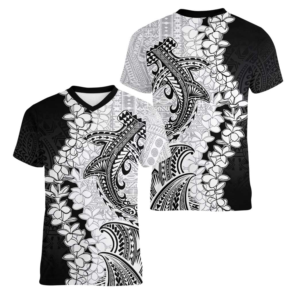 Polynesian Plumeria Lei Women V-Neck T-Shirt with Hammerhead Shark LT7 - Polynesian Pride