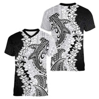 Polynesian Plumeria Lei Women V-Neck T-Shirt with Hammerhead Shark LT7 - Polynesian Pride