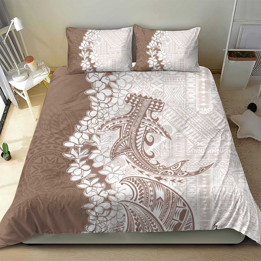 Polynesian Beige Plumeria Lei Bedding Set with Hammerhead Shark