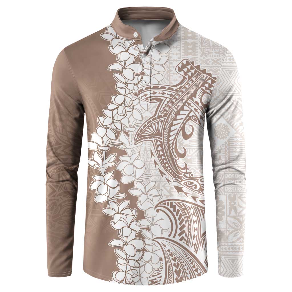 Polynesian Beige Plumeria Lei Button Sweatshirt with Hammerhead Shark