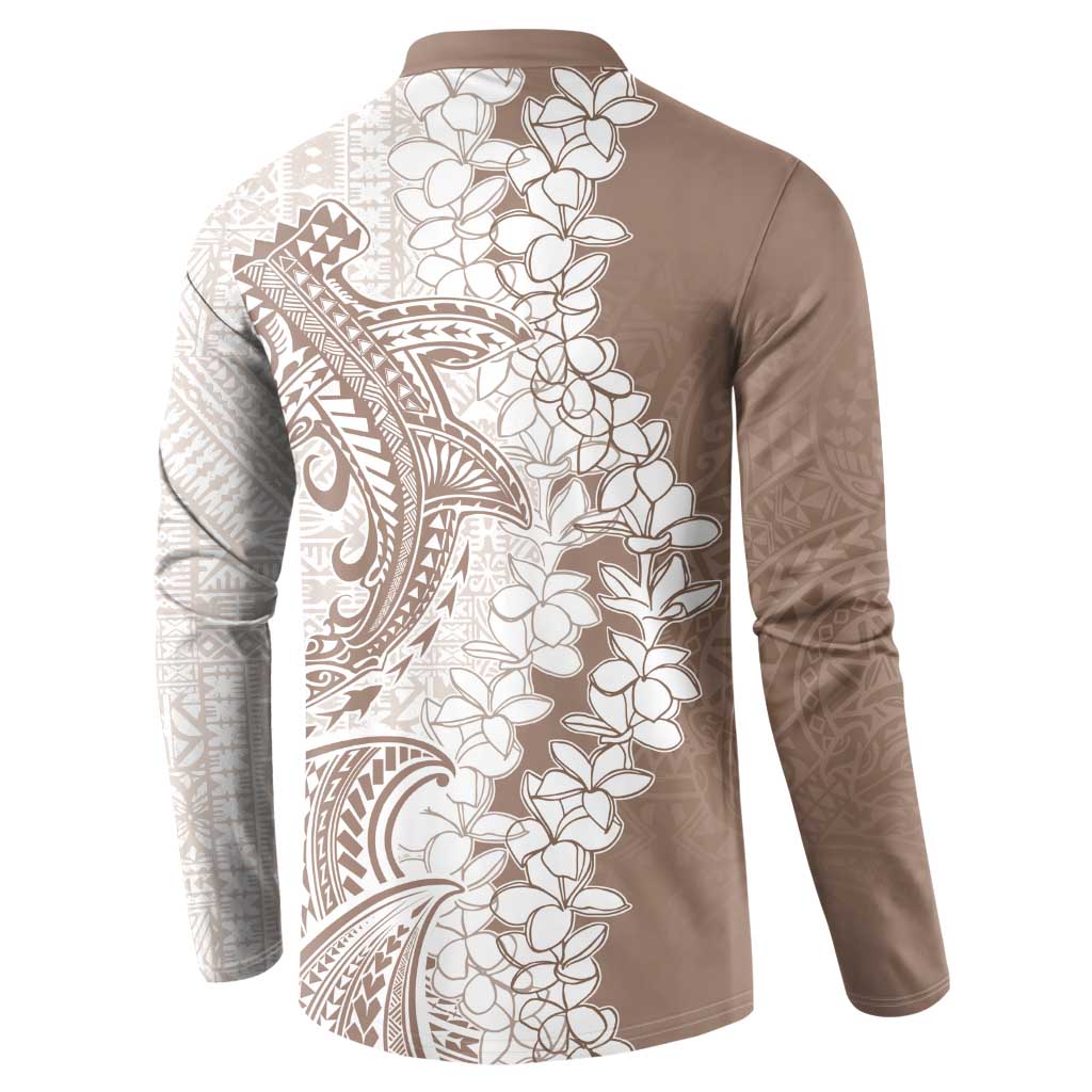 Polynesian Beige Plumeria Lei Button Sweatshirt with Hammerhead Shark