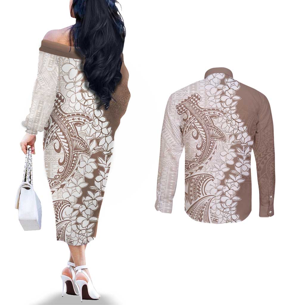 Polynesian Beige Plumeria Lei Couples Matching Off The Shoulder Long Sleeve Dress and Long Sleeve Button Shirt with Hammerhead Shark