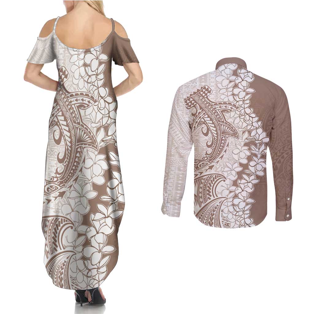 Polynesian Beige Plumeria Lei Couples Matching Summer Maxi Dress and Long Sleeve Button Shirt with Hammerhead Shark