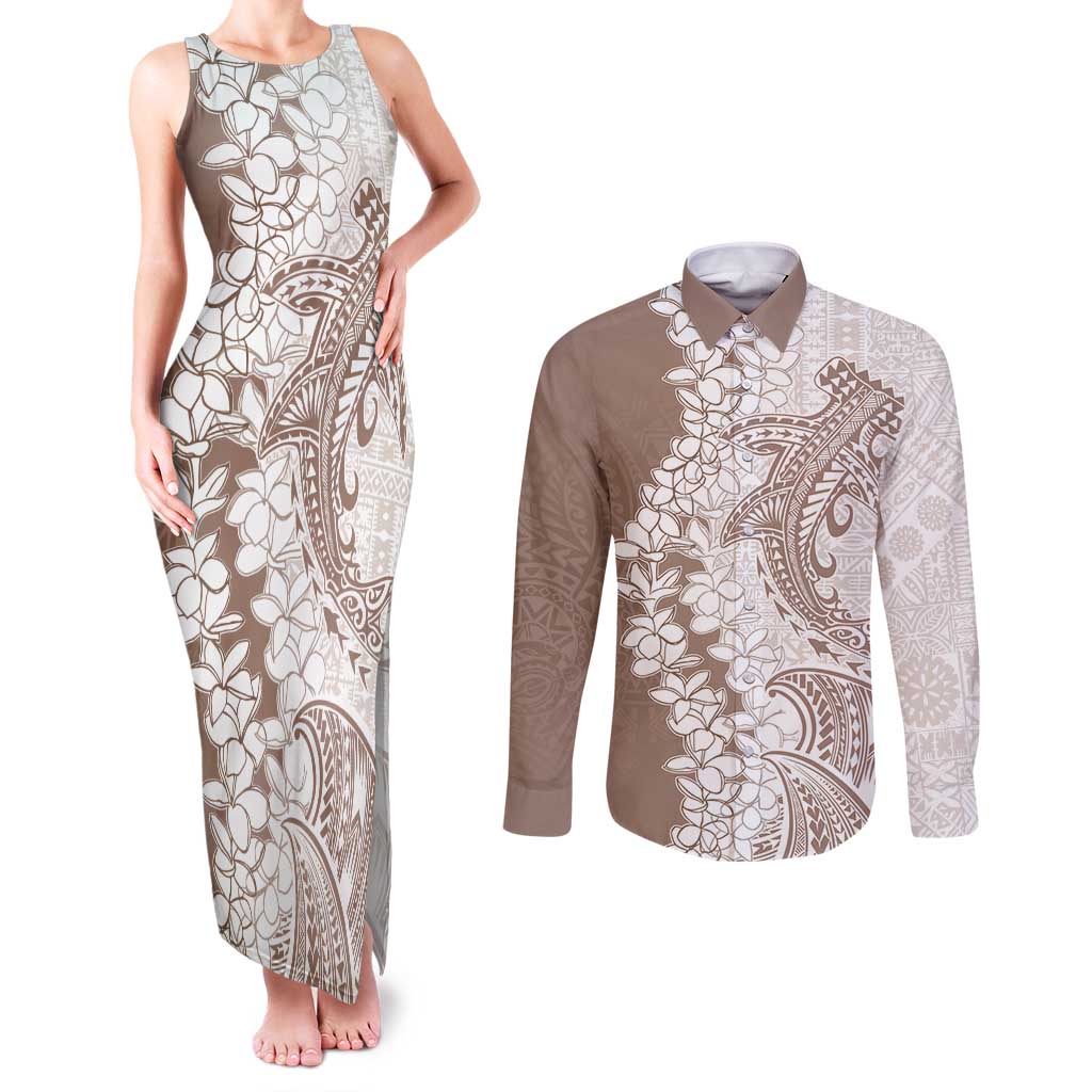 Polynesian Beige Plumeria Lei Couples Matching Tank Maxi Dress and Long Sleeve Button Shirt with Hammerhead Shark