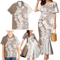 Polynesian Beige Plumeria Lei Family Matching Mermaid Dress and Hawaiian Shirt with Hammerhead Shark