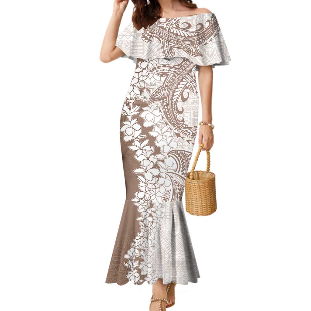 Polynesian Beige Plumeria Lei Family Matching Mermaid Dress and Hawaiian Shirt with Hammerhead Shark