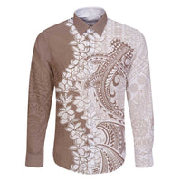 Polynesian Beige Plumeria Lei Family Matching Off The Shoulder Long Sleeve Dress and Hawaiian Shirt with Hammerhead Shark