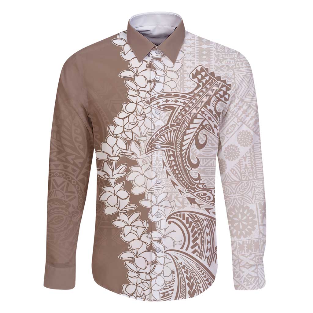 Polynesian Beige Plumeria Lei Family Matching Short Sleeve Bodycon Dress and Hawaiian Shirt with Hammerhead Shark