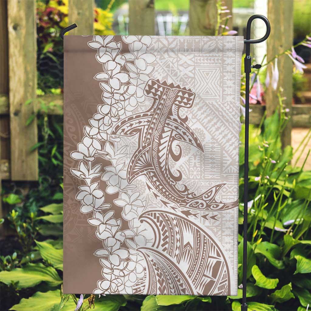 Polynesian Beige Plumeria Lei Garden Flag with Hammerhead Shark