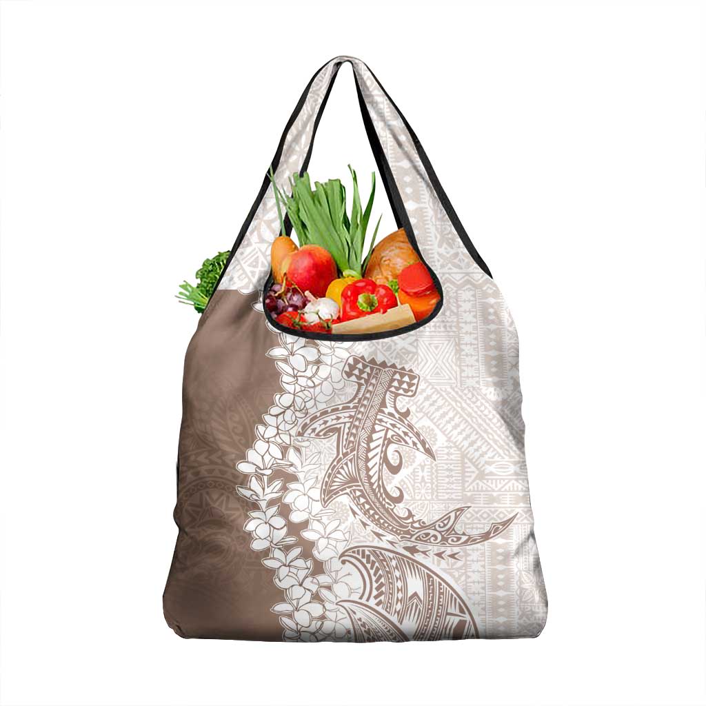 Polynesian Beige Plumeria Lei Grocery Bag with Hammerhead Shark