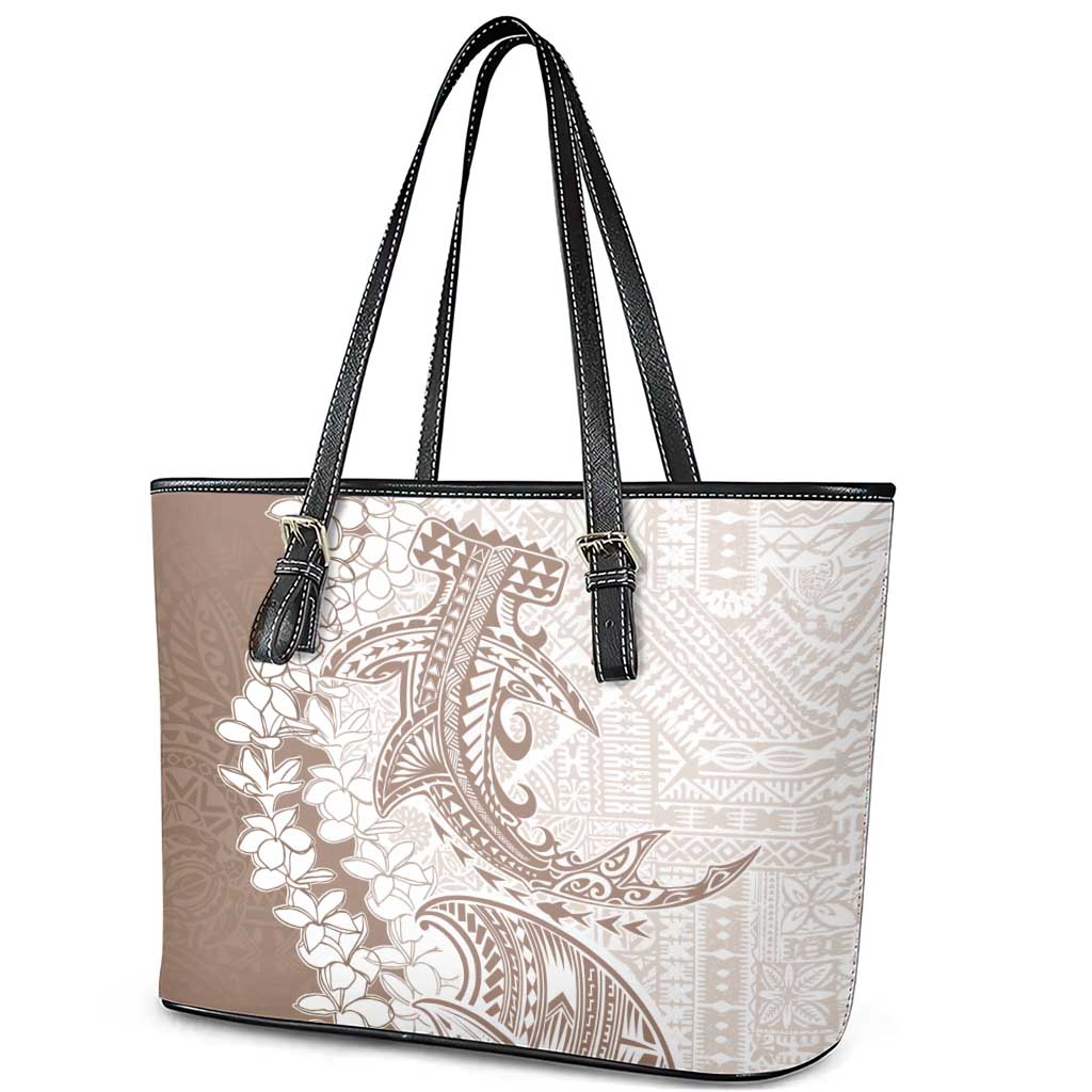 Polynesian Beige Plumeria Lei Leather Tote Bag with Hammerhead Shark