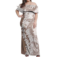 Polynesian Beige Plumeria Lei Off Shoulder Maxi Dress with Hammerhead Shark LT7 Women Beige - Polynesian Pride