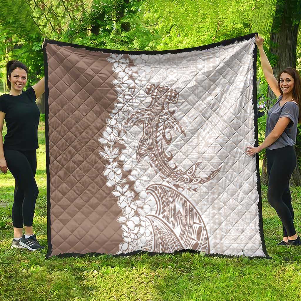 Polynesian Beige Plumeria Lei Quilt with Hammerhead Shark