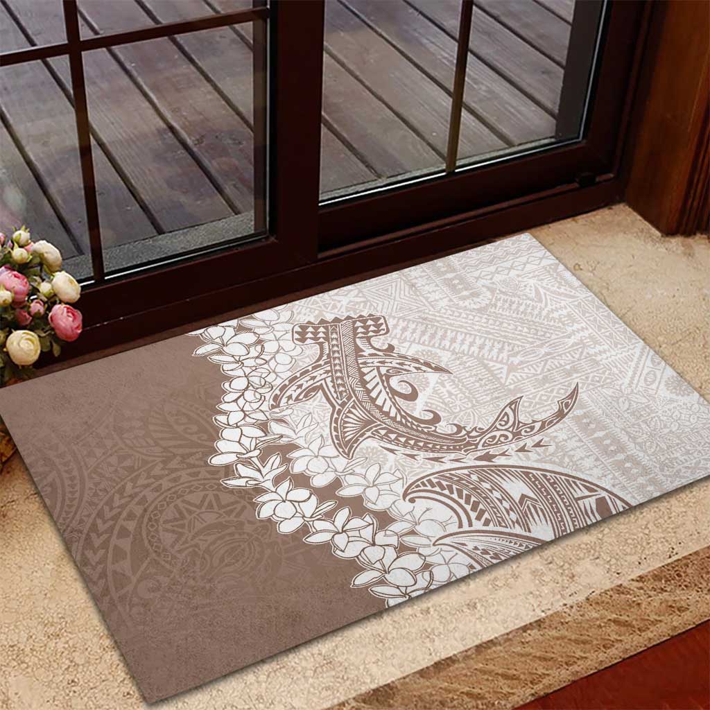 Polynesian Beige Plumeria Lei Rubber Doormat with Hammerhead Shark