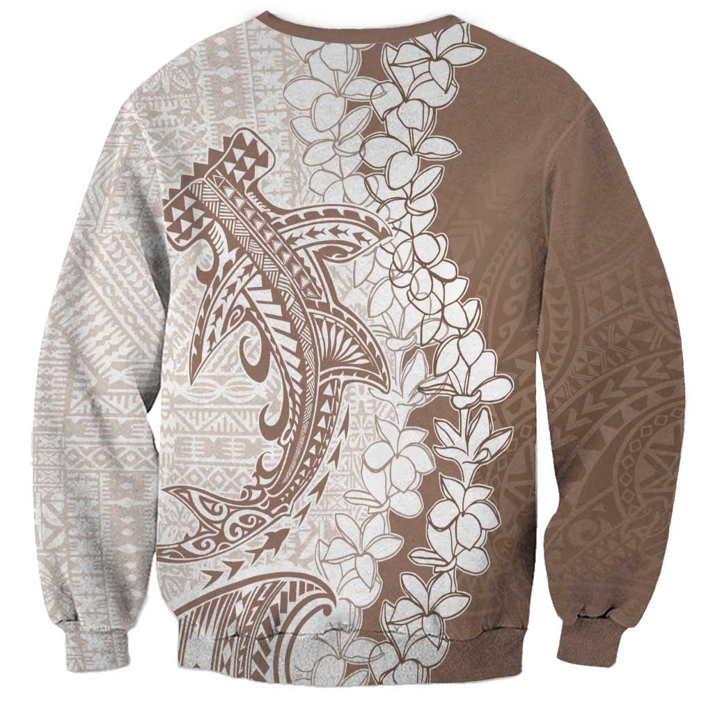 Polynesian Beige Plumeria Lei Sweatshirt with Hammerhead Shark